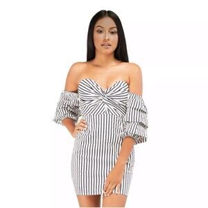 Etiquette Striped Navy Off The Shoulder Mini bodycon Dress M